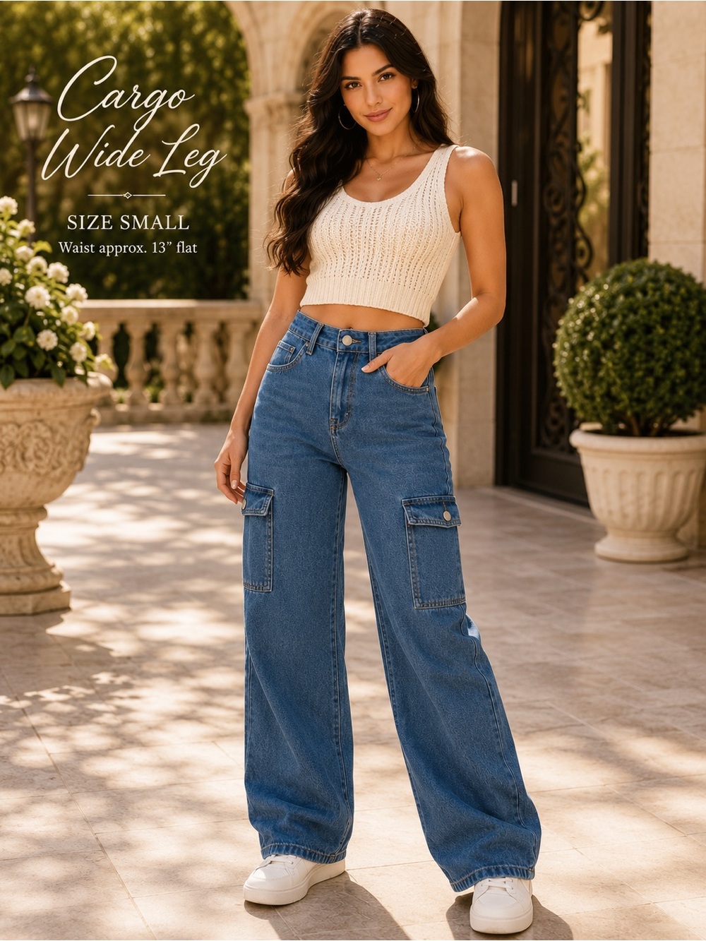 Denim Cargo Wide Leg Jeans - Blue